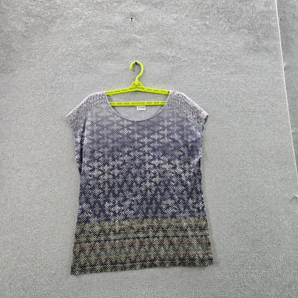 Liz Claiborne‎ Women Shirt L Blue Geometric Shirred Round Neck Metallic